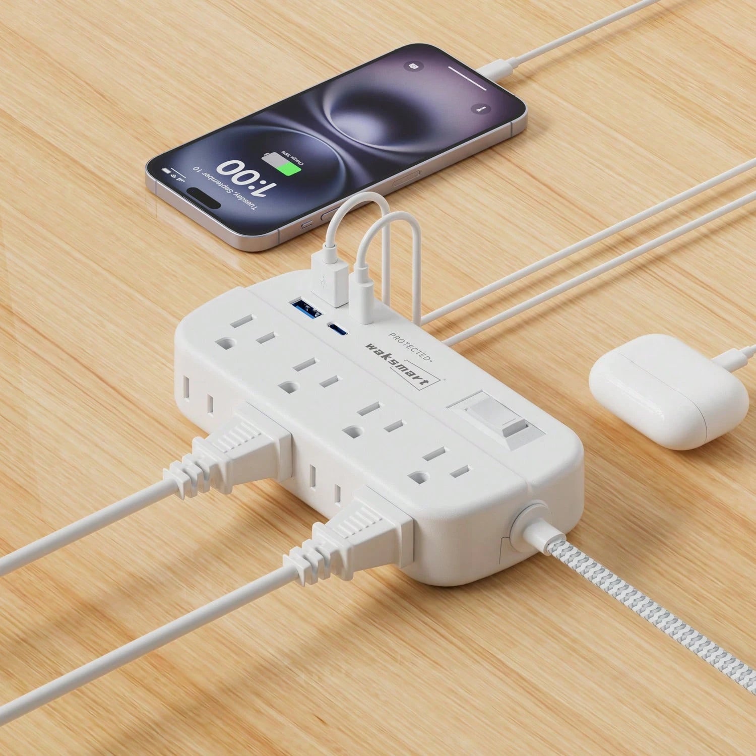 Fast Charging Multi-Outlet Power Strip Charger Charging Station Flat Plug Surge Protector Power Strip (1080J) 8 AC Outlets 4 USB Charger (2 USB-C) Waksmart 5 Ft Flat Braided Extension Cord Compact Des