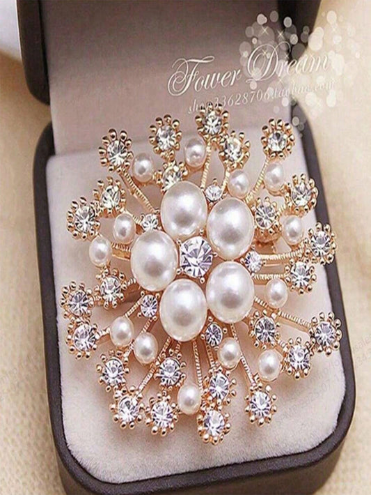 Faux Pearl And Rhinestone Crystal Snowflake Brooch Jewelry Pin