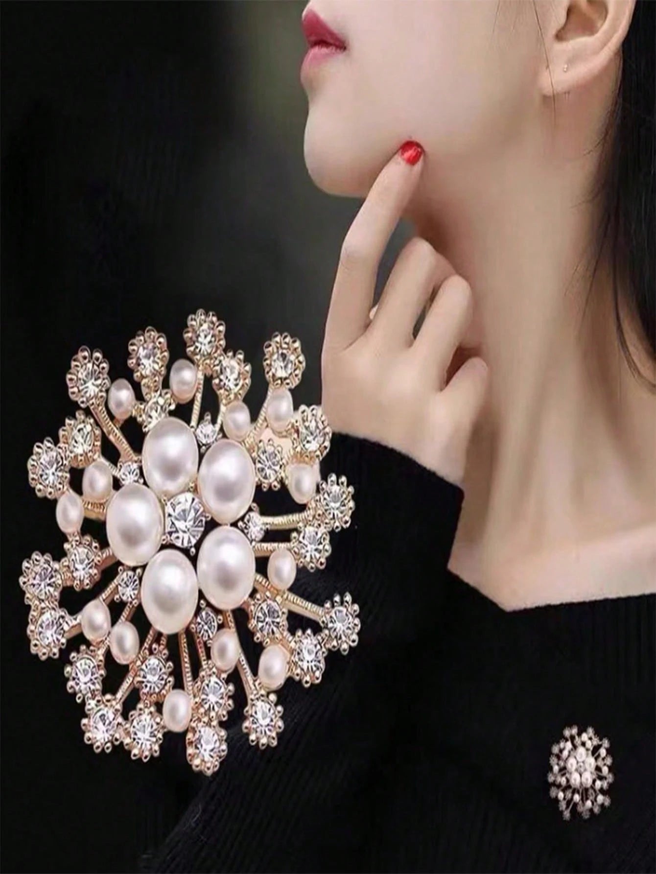 Faux Pearl And Rhinestone Crystal Snowflake Brooch Jewelry Pin