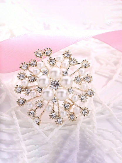 Faux Pearl And Rhinestone Crystal Snowflake Brooch Jewelry Pin