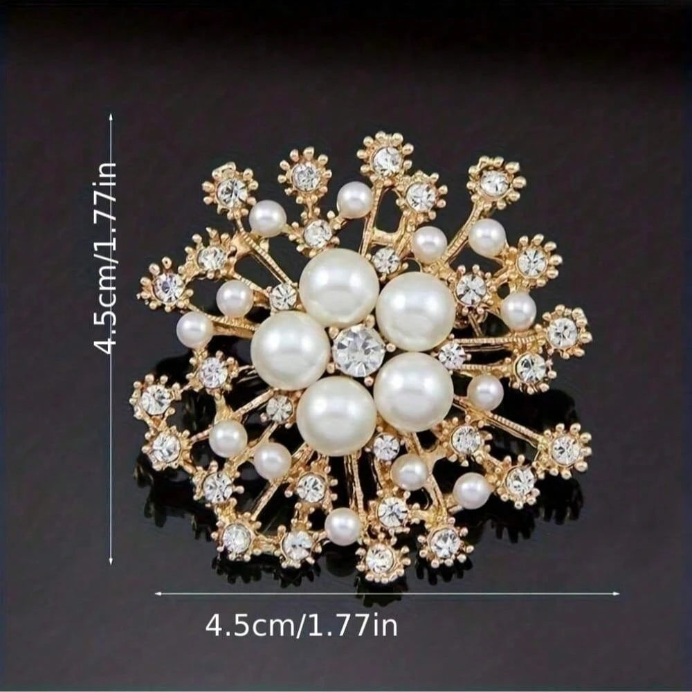 Faux Pearl And Rhinestone Crystal Snowflake Brooch Jewelry Pin