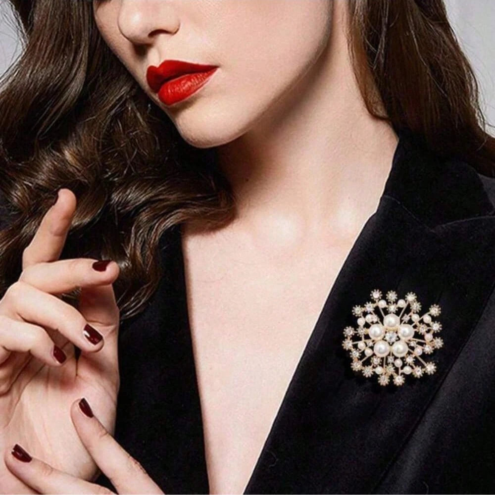 Faux Pearl And Rhinestone Crystal Snowflake Brooch Jewelry Pin