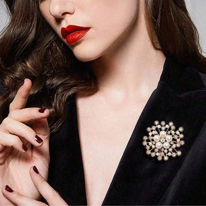 Faux Pearl And Rhinestone Crystal Snowflake Brooch Jewelry Pin