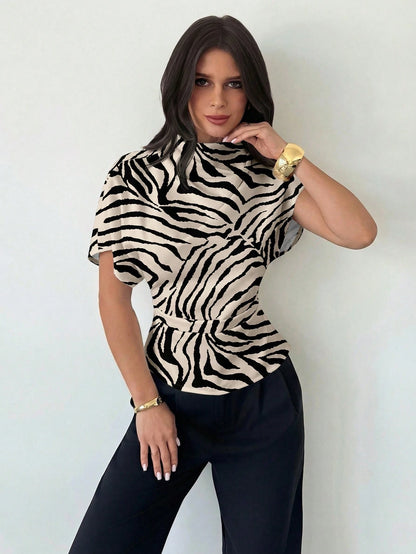 Firerie Casual Minimalist Sexy Animal Print Full Pattern Ruched Collar Asymmetrical Sleeve Side Ruched Waist Slim Fit Blouse For Women, All Season,Summer Top