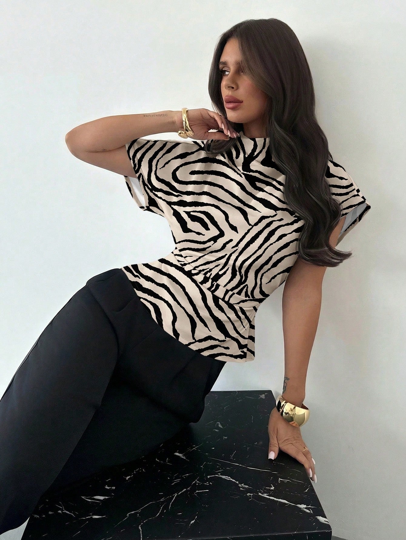 Firerie Casual Minimalist Sexy Animal Print Full Pattern Ruched Collar Asymmetrical Sleeve Side Ruched Waist Slim Fit Blouse For Women, All Season,Summer Top