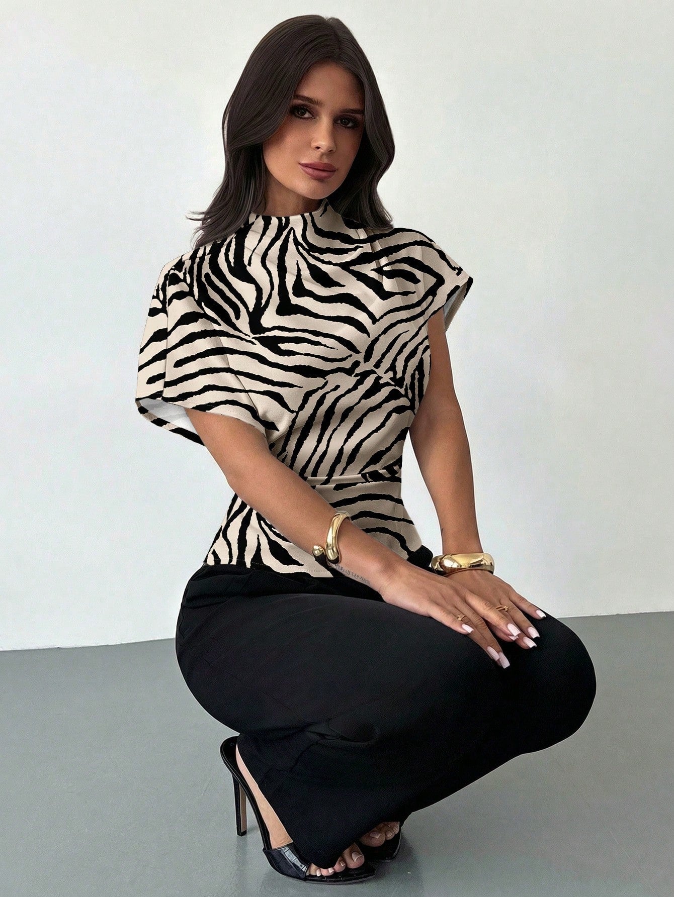 Firerie Casual Minimalist Sexy Animal Print Full Pattern Ruched Collar Asymmetrical Sleeve Side Ruched Waist Slim Fit Blouse For Women, All Season,Summer Top