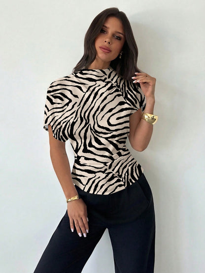 Firerie Casual Minimalist Sexy Animal Print Full Pattern Ruched Collar Asymmetrical Sleeve Side Ruched Waist Slim Fit Blouse For Women, All Season,Summer Top