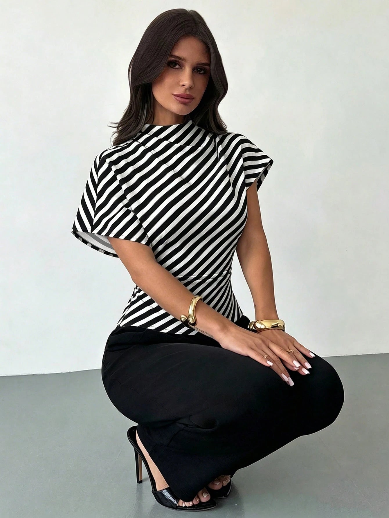 Firerie Elegant Black & White Checkered Diagonal Stripe Ruched Collar Slim Fit Blouse,Summer Office Work Top For Commuting,Vintage Chic Wedding Guest Blouse