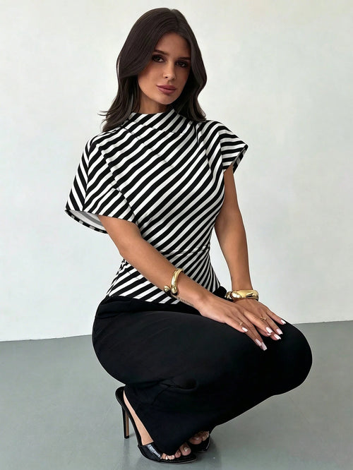 Firerie Elegant Black & White Checkered Diagonal Stripe Ruched Collar Slim Fit Blouse,Summer Office Work Top For Commuting,Vintage Chic Wedding Guest Blouse