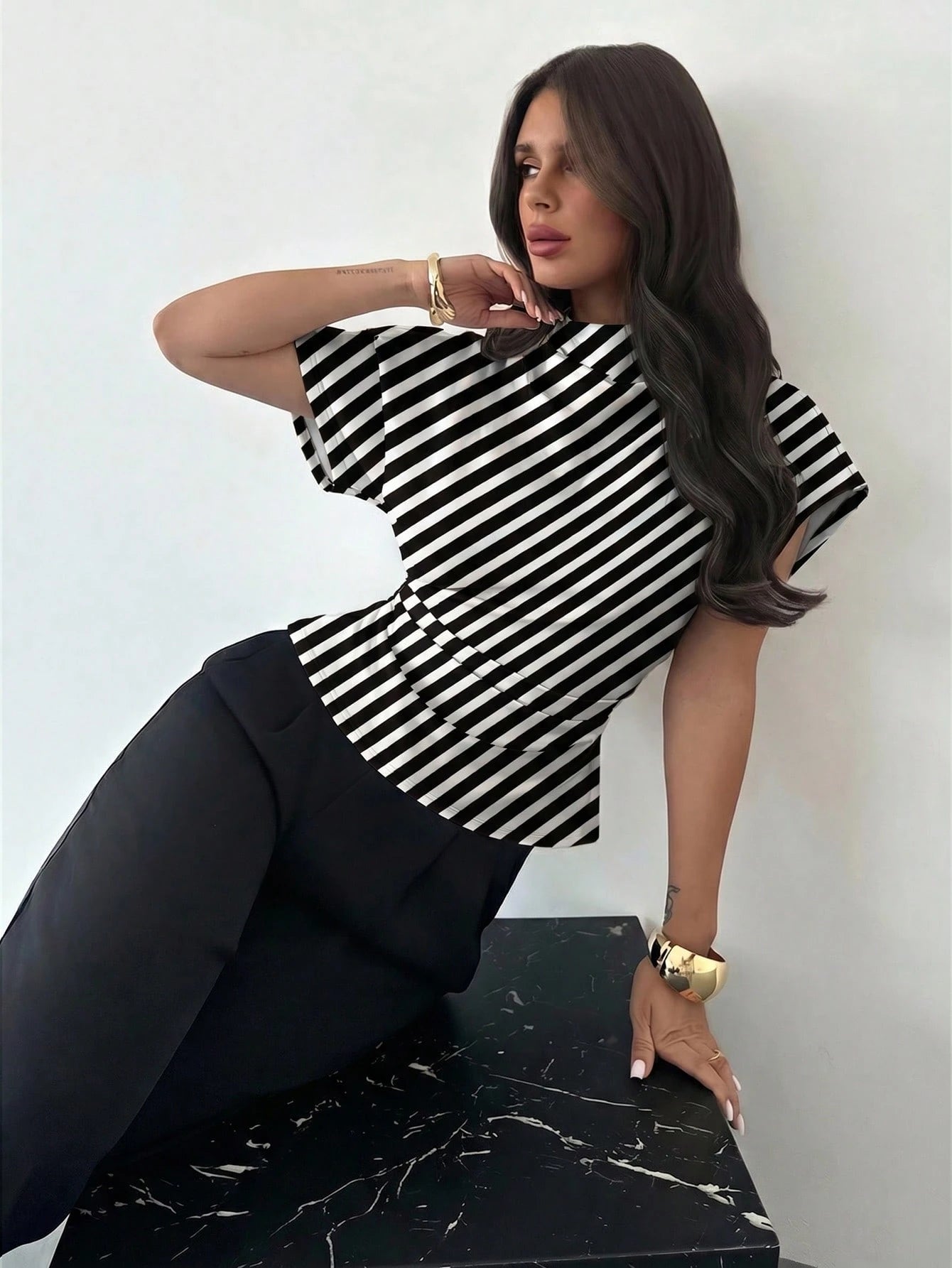 Firerie Elegant Black & White Checkered Diagonal Stripe Ruched Collar Slim Fit Blouse,Summer Office Work Top For Commuting,Vintage Chic Wedding Guest Blouse