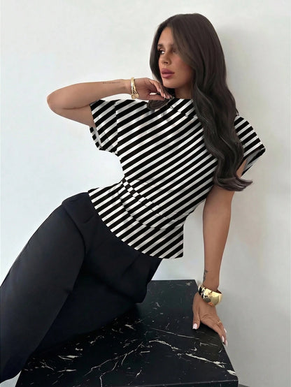 Firerie Elegant Black & White Checkered Diagonal Stripe Ruched Collar Slim Fit Blouse,Summer Office Work Top For Commuting,Vintage Chic Wedding Guest Blouse