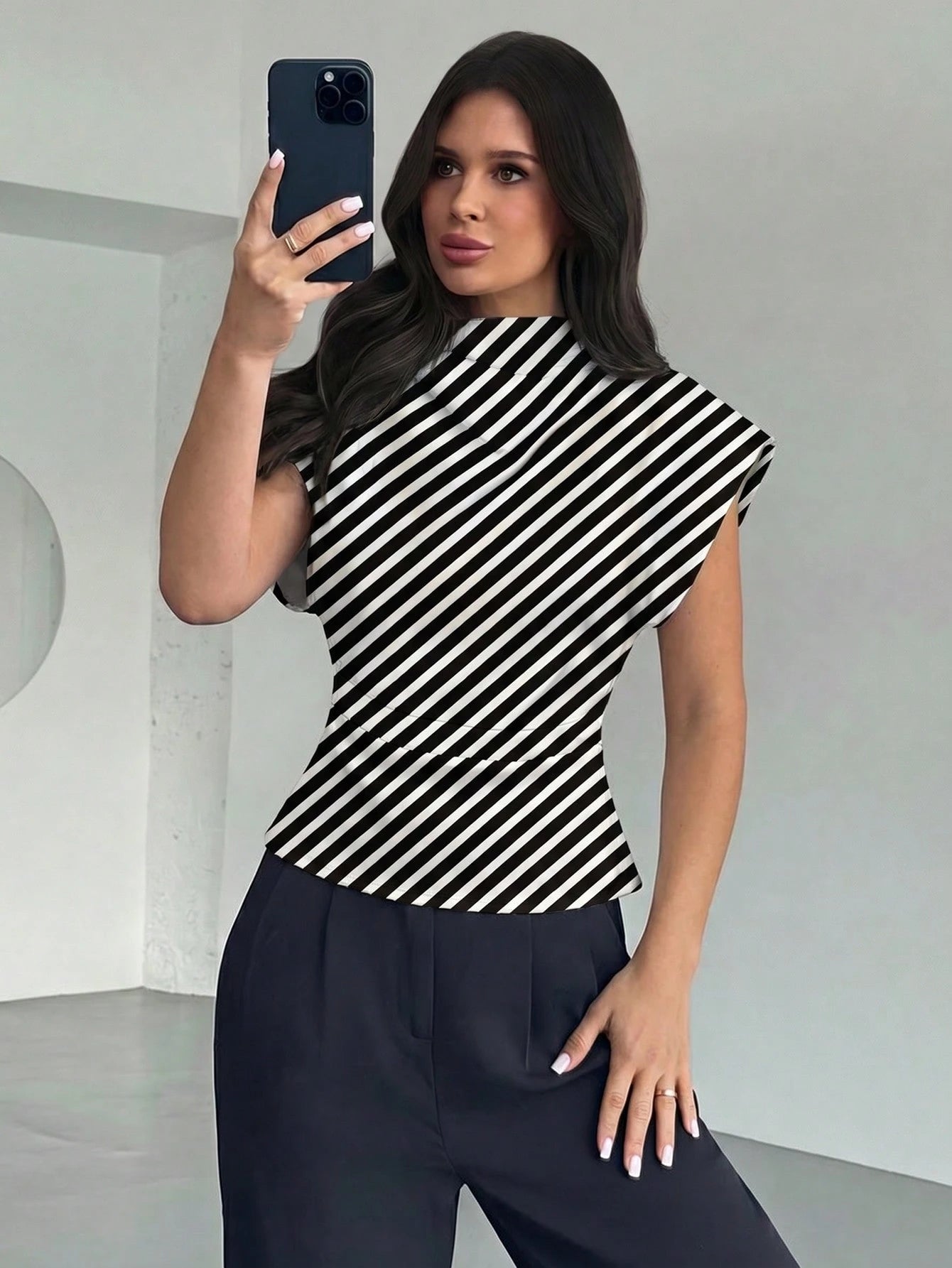 Firerie Elegant Black & White Checkered Diagonal Stripe Ruched Collar Slim Fit Blouse,Summer Office Work Top For Commuting,Vintage Chic Wedding Guest Blouse