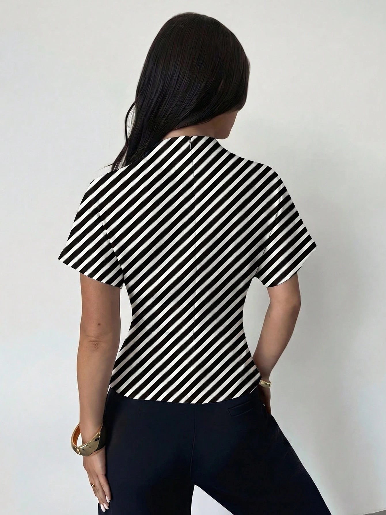 Firerie Elegant Black & White Checkered Diagonal Stripe Ruched Collar Slim Fit Blouse,Summer Office Work Top For Commuting,Vintage Chic Wedding Guest Blouse