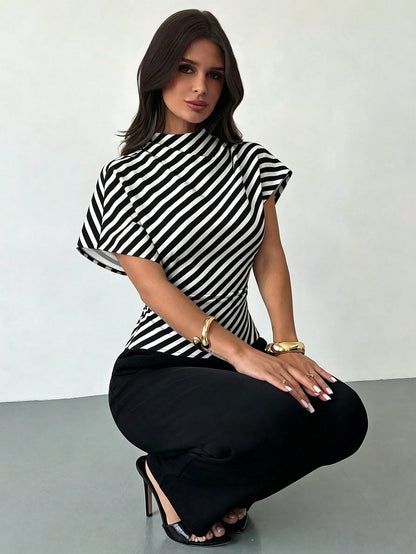 Firerie Elegant Black & White Checkered Diagonal Stripe Ruched Collar Slim Fit Blouse,Summer Office Work Top For Commuting,Vintage Chic Wedding Guest Blouse