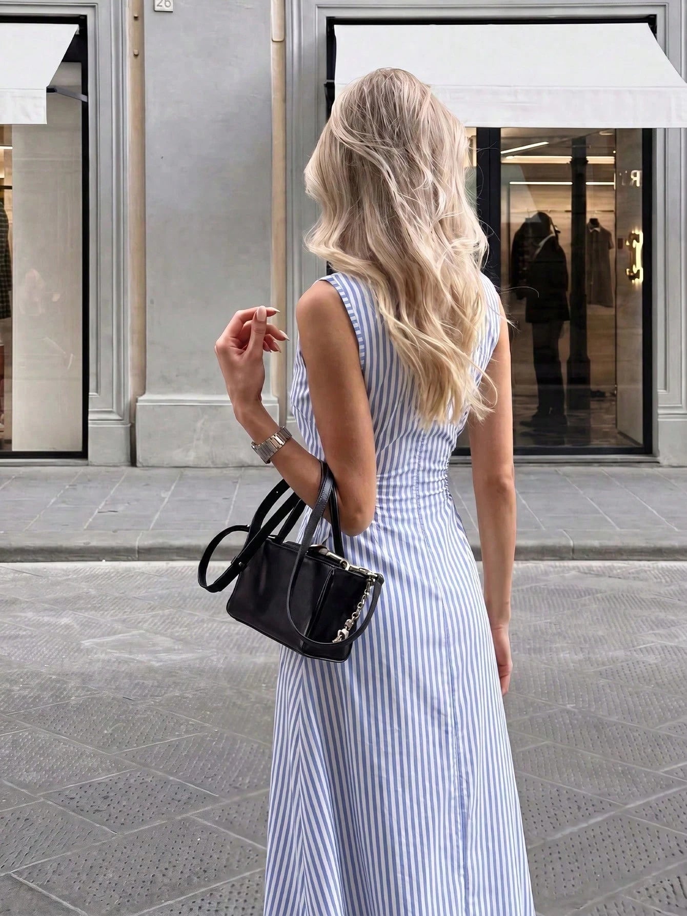 Firerie Elegant Romantic Date Vacation Daily Commute Blue And White Striped Small Stand Collar Sleeveless Cinched Waist Pleated A-Line Long Dress Summer