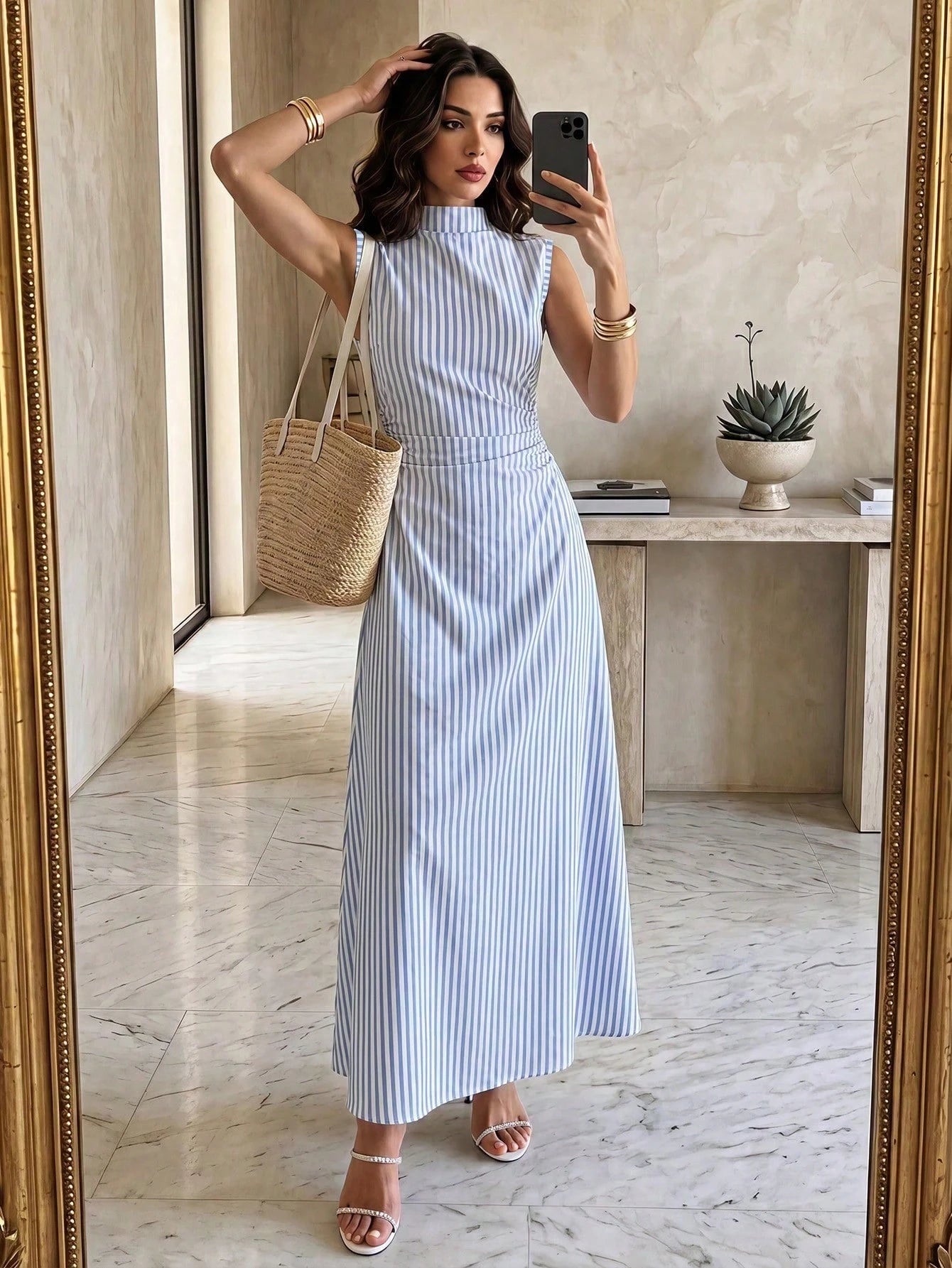 Firerie Elegant Romantic Date Vacation Daily Commute Blue And White Striped Small Stand Collar Sleeveless Cinched Waist Pleated A-Line Long Dress Summer