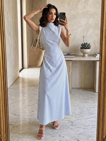 Firerie Elegant Romantic Date Vacation Daily Commute Blue And White Striped Small Stand Collar Sleeveless Cinched Waist Pleated A-Line Long Dress Summer
