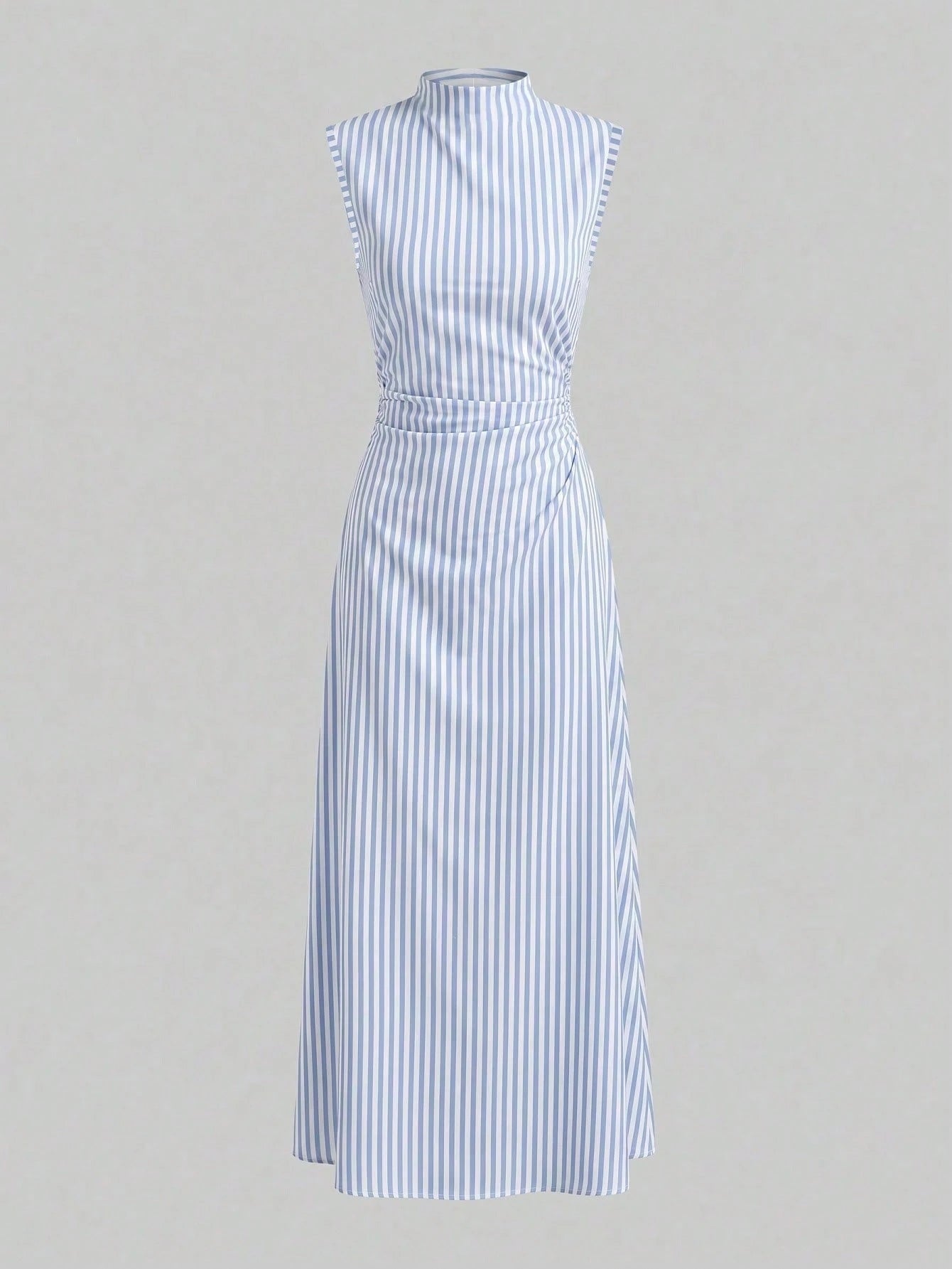 Firerie Elegant Romantic Date Vacation Daily Commute Blue And White Striped Small Stand Collar Sleeveless Cinched Waist Pleated A-Line Long Dress Summer