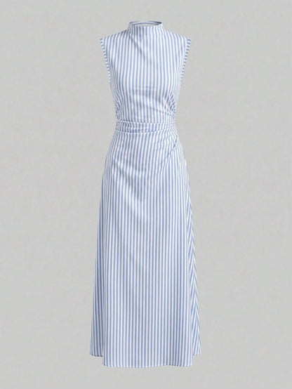 Firerie Elegant Romantic Date Vacation Daily Commute Blue And White Striped Small Stand Collar Sleeveless Cinched Waist Pleated A-Line Long Dress Summer