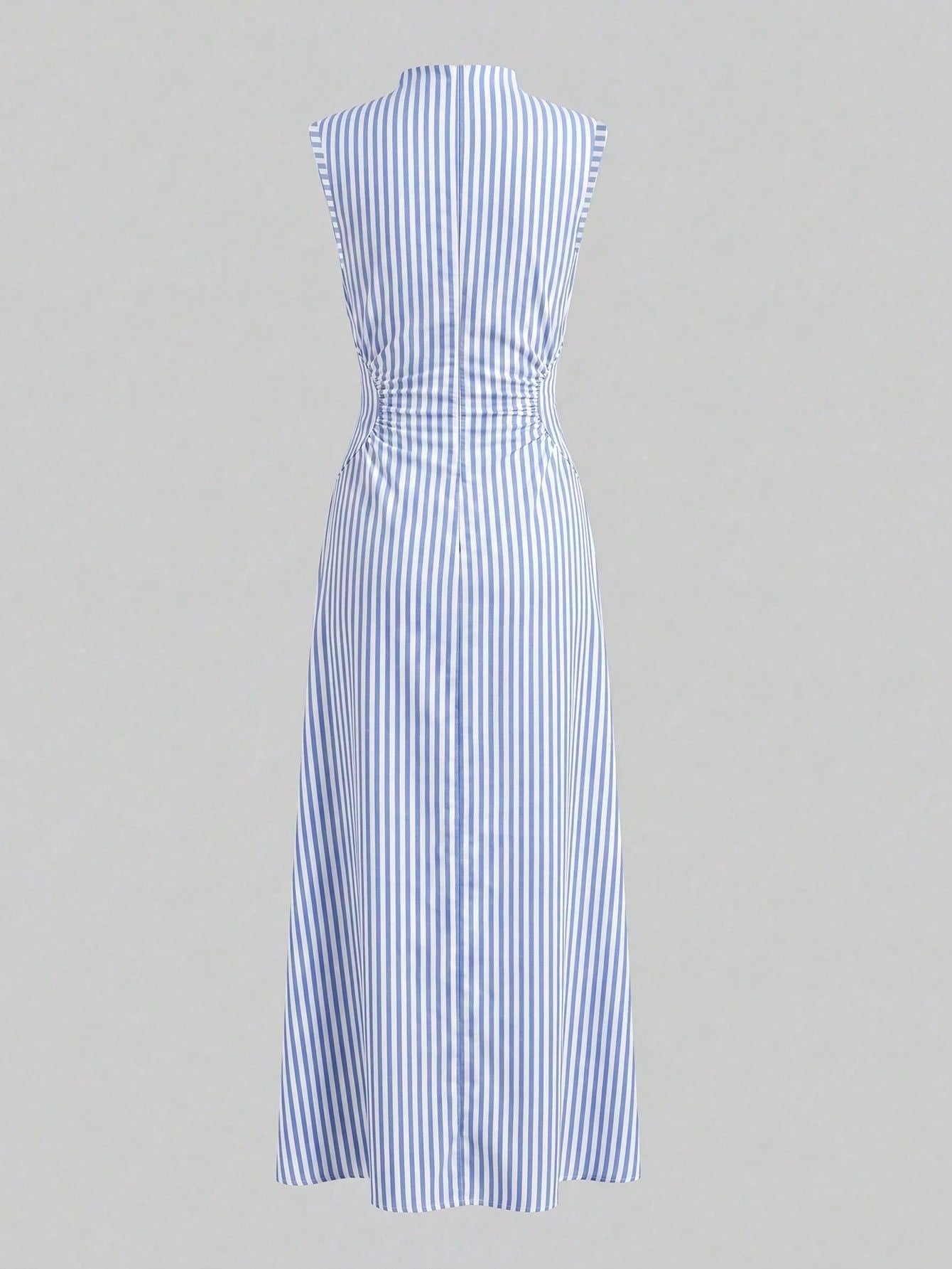 Firerie Elegant Romantic Date Vacation Daily Commute Blue And White Striped Small Stand Collar Sleeveless Cinched Waist Pleated A-Line Long Dress Summer