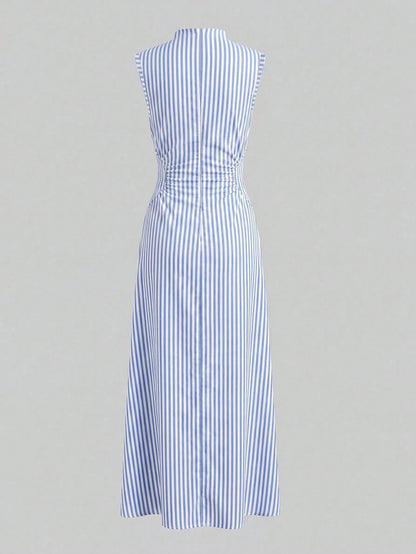 Firerie Elegant Romantic Date Vacation Daily Commute Blue And White Striped Small Stand Collar Sleeveless Cinched Waist Pleated A-Line Long Dress Summer