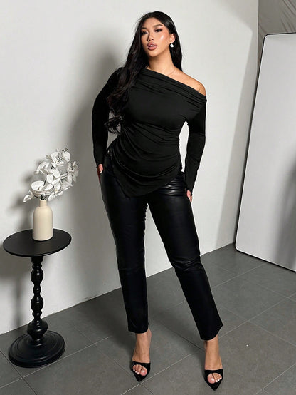 Firerie Plus Size Women Black Solid Asymmetric Hem Ruched Shoulder Long Sleeve Fitted Fashionable T-Shirt/Winter One Top Tops Clothes Asymmetrical Spring Fall
