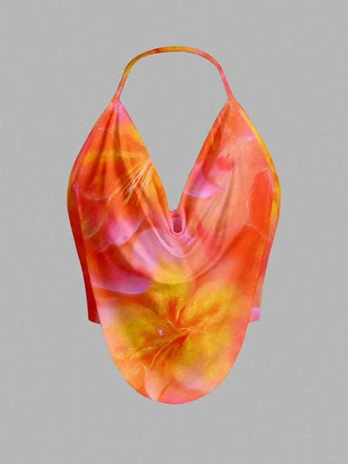Firerie Women's Burnt Orange Lily Allover Print Halter Neck Tank Top, Boho Sexy Elegant Tropical Summer Beach Vacation Holiday, Hawaiian Blouse