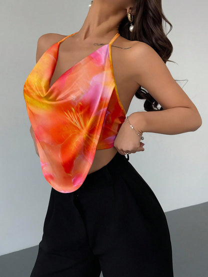 Firerie Women's Burnt Orange Lily Allover Print Halter Neck Tank Top, Boho Sexy Elegant Tropical Summer Beach Vacation Holiday, Hawaiian Blouse