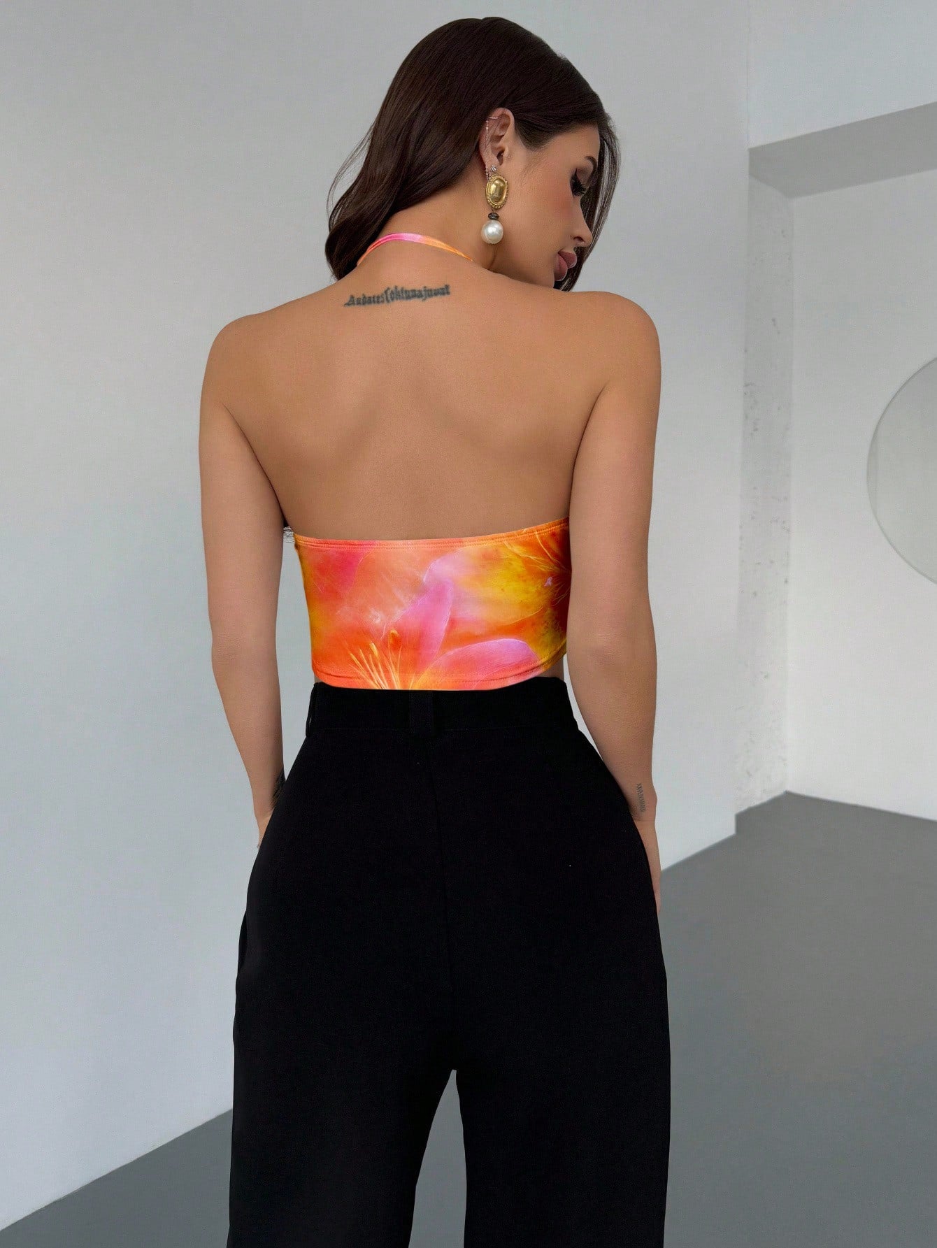 Firerie Women's Burnt Orange Lily Allover Print Halter Neck Tank Top, Boho Sexy Elegant Tropical Summer Beach Vacation Holiday, Hawaiian Blouse