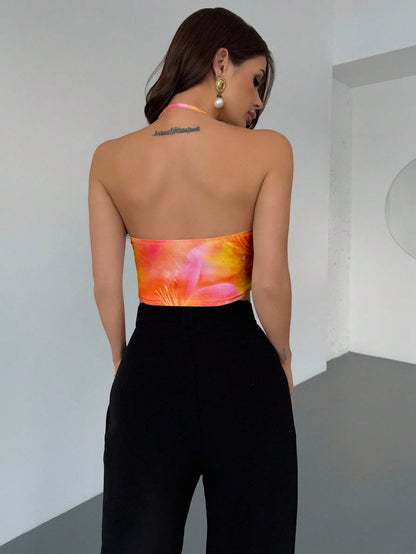 Firerie Women's Burnt Orange Lily Allover Print Halter Neck Tank Top, Boho Sexy Elegant Tropical Summer Beach Vacation Holiday, Hawaiian Blouse