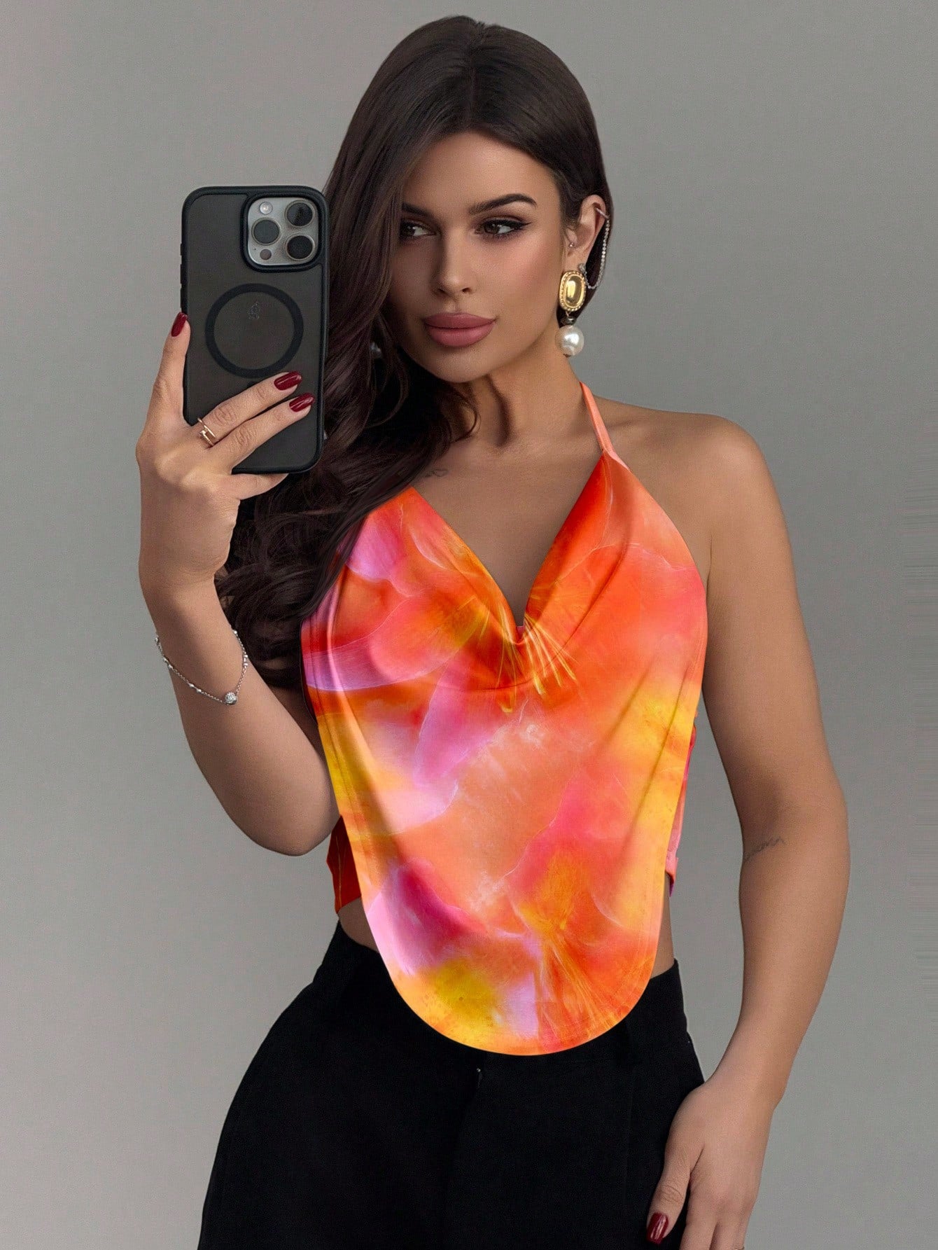 Firerie Women's Burnt Orange Lily Allover Print Halter Neck Tank Top, Boho Sexy Elegant Tropical Summer Beach Vacation Holiday, Hawaiian Blouse