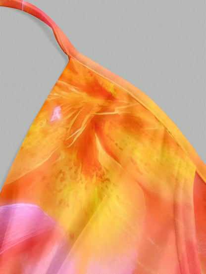 Firerie Women's Burnt Orange Lily Allover Print Halter Neck Tank Top, Boho Sexy Elegant Tropical Summer Beach Vacation Holiday, Hawaiian Blouse