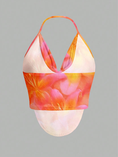 Firerie Women's Burnt Orange Lily Allover Print Halter Neck Tank Top, Boho Sexy Elegant Tropical Summer Beach Vacation Holiday, Hawaiian Blouse