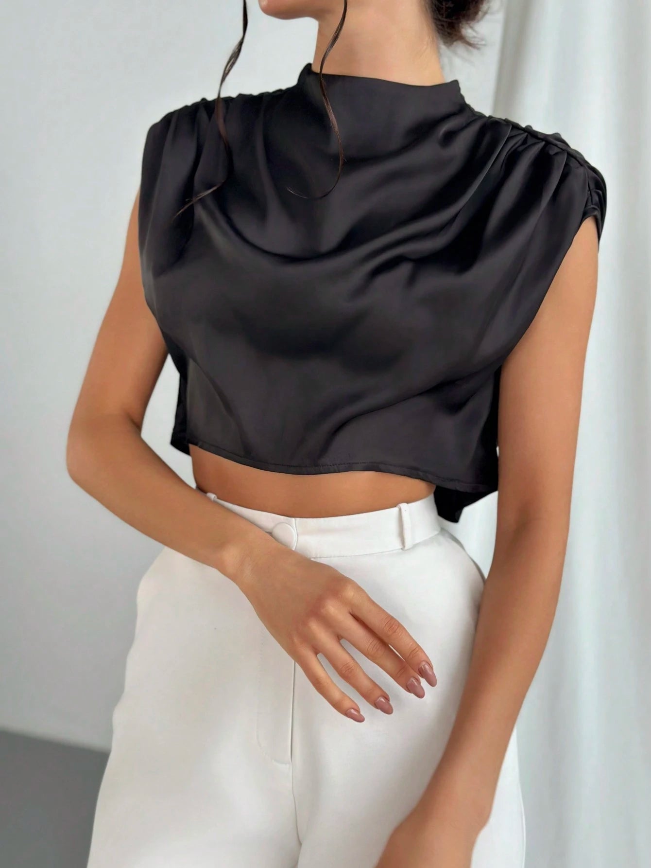Firerie Women's Elegant Black Stand Collar Blouse With Pleats,Ruched Cap Sleeve Regular Fit Crop Batwing Top,Ladies Casual Summer Night Out Daily Wear Blouse