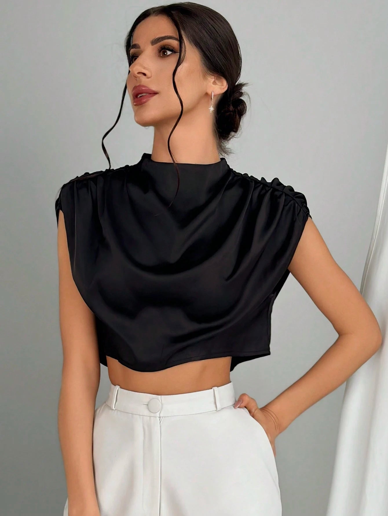 Firerie Women's Elegant Black Stand Collar Blouse With Pleats,Ruched Cap Sleeve Regular Fit Crop Batwing Top,Ladies Casual Summer Night Out Daily Wear Blouse