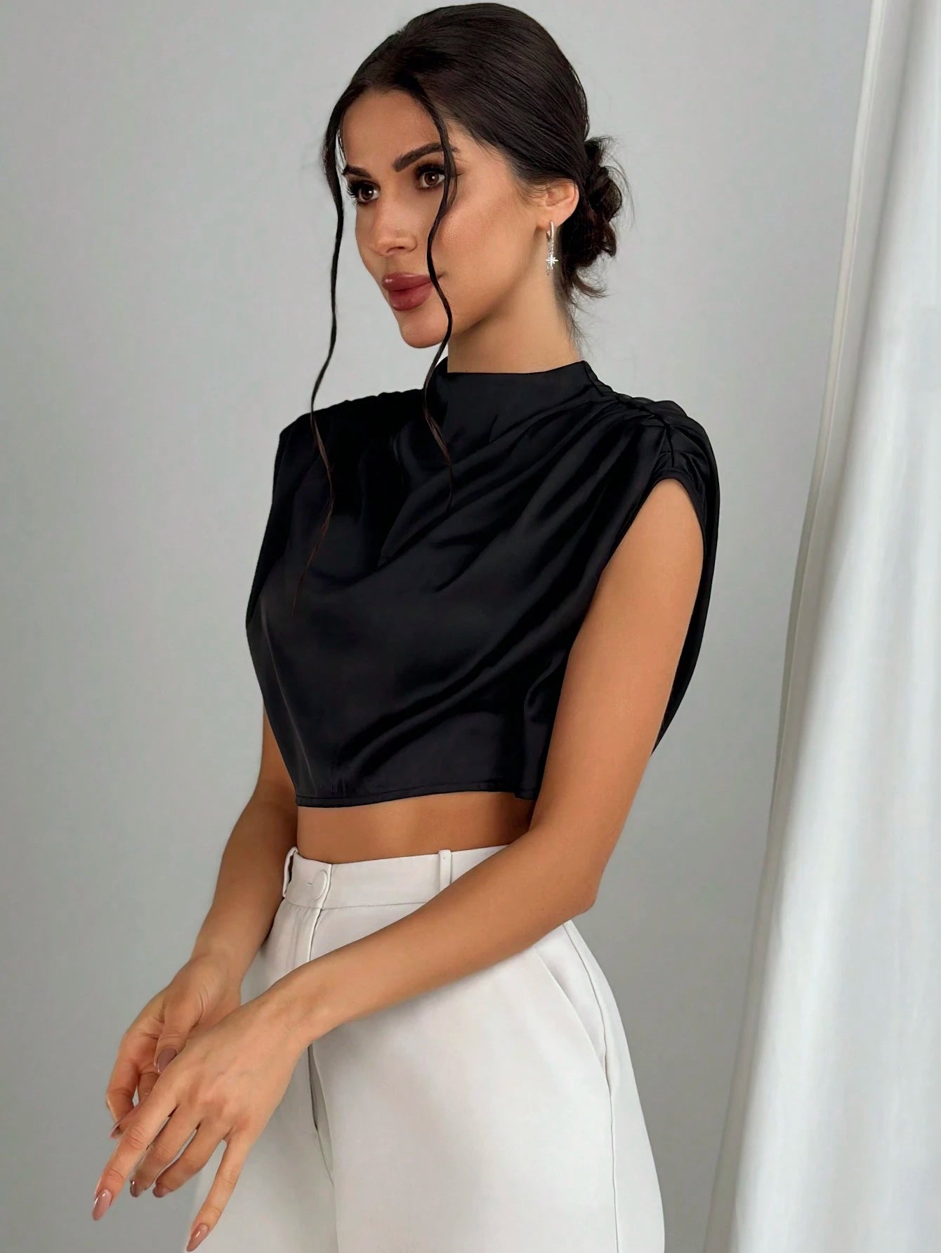 Firerie Women's Elegant Black Stand Collar Blouse With Pleats,Ruched Cap Sleeve Regular Fit Crop Batwing Top,Ladies Casual Summer Night Out Daily Wear Blouse