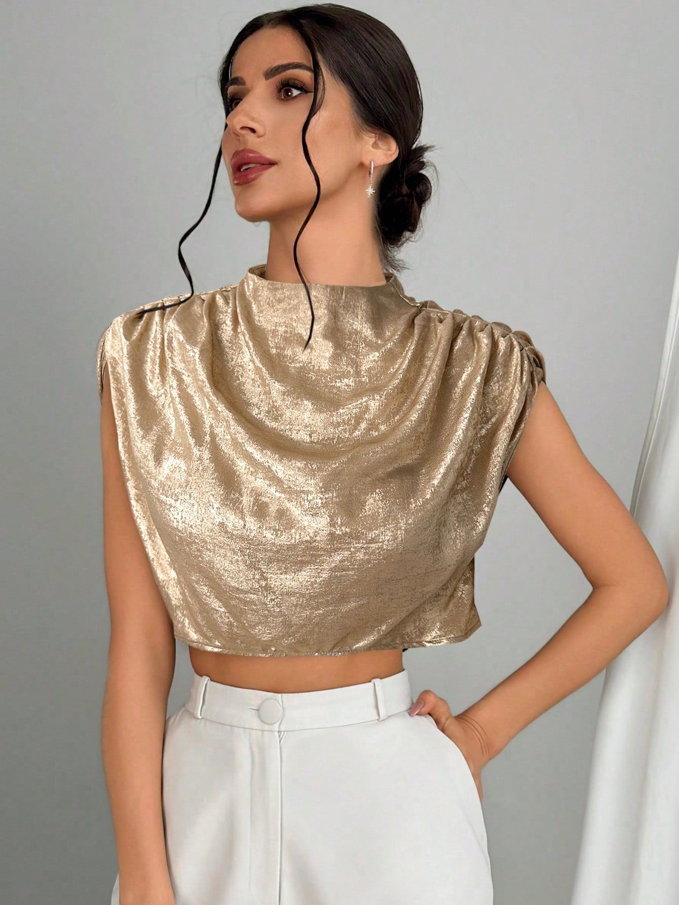 Firerie Women's Elegant Black Stand Collar Blouse With Pleats,Ruched Cap Sleeve Regular Fit Crop Batwing Top,Ladies Casual Summer Night Out Daily Wear Blouse
