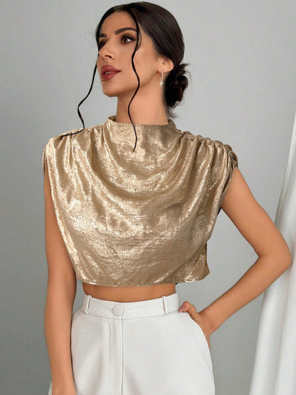 Firerie Women's Elegant Black Stand Collar Blouse With Pleats,Ruched Cap Sleeve Regular Fit Crop Batwing Top,Ladies Casual Summer Night Out Daily Wear Blouse