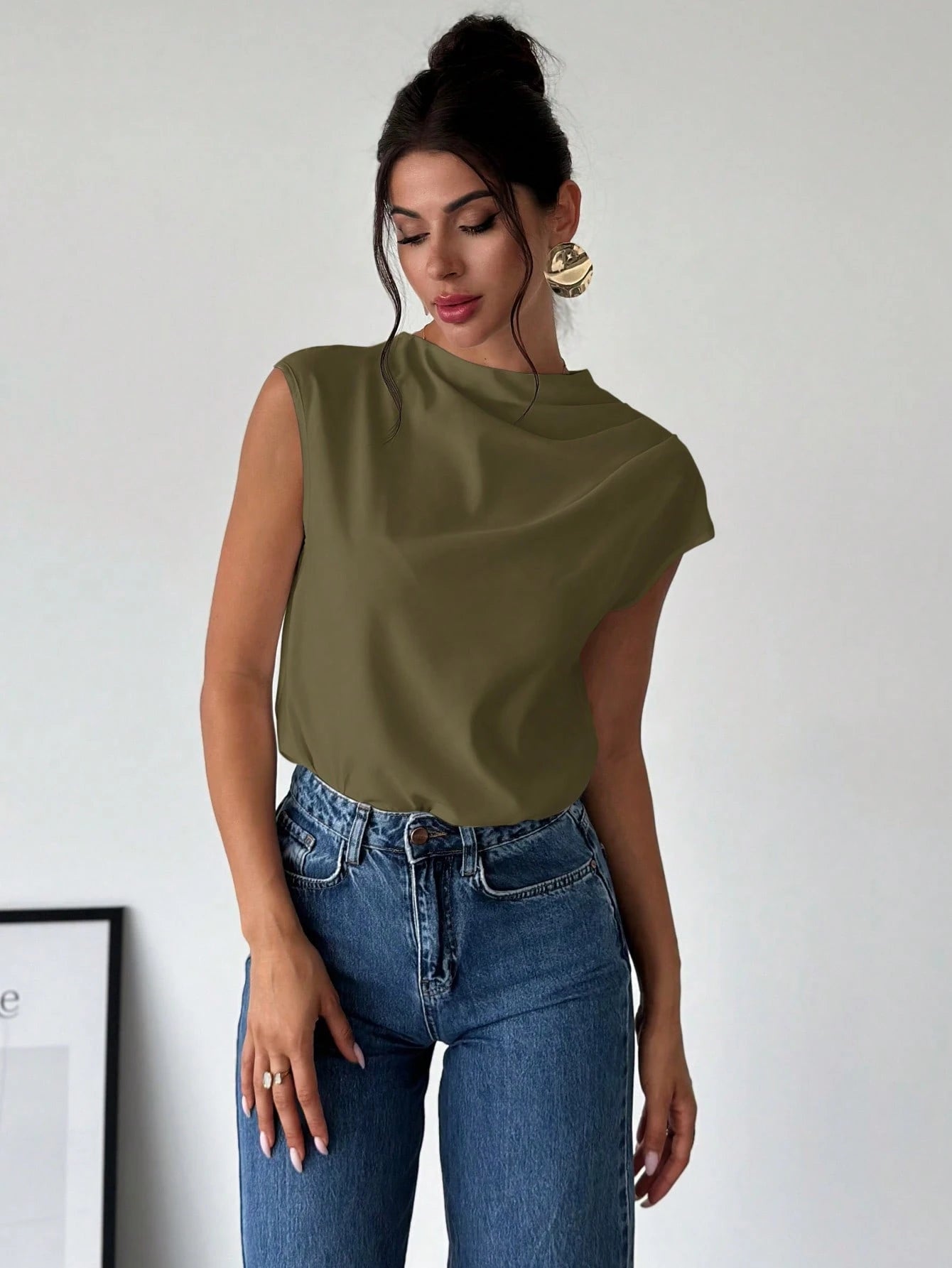 Firerie Women's Elegant Minimalist Office Commuter White Mandarin Collar Asymmetric Shoulder Pleated Fitted Blouse