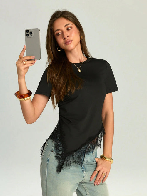 Firerie Women's Elegant Sexy Black Fitted T-Shirt Night Out Date Night Going Out Casual Summer Short Sleeve Blouses Waist Cinching Asymmetric Hem Lace Trim