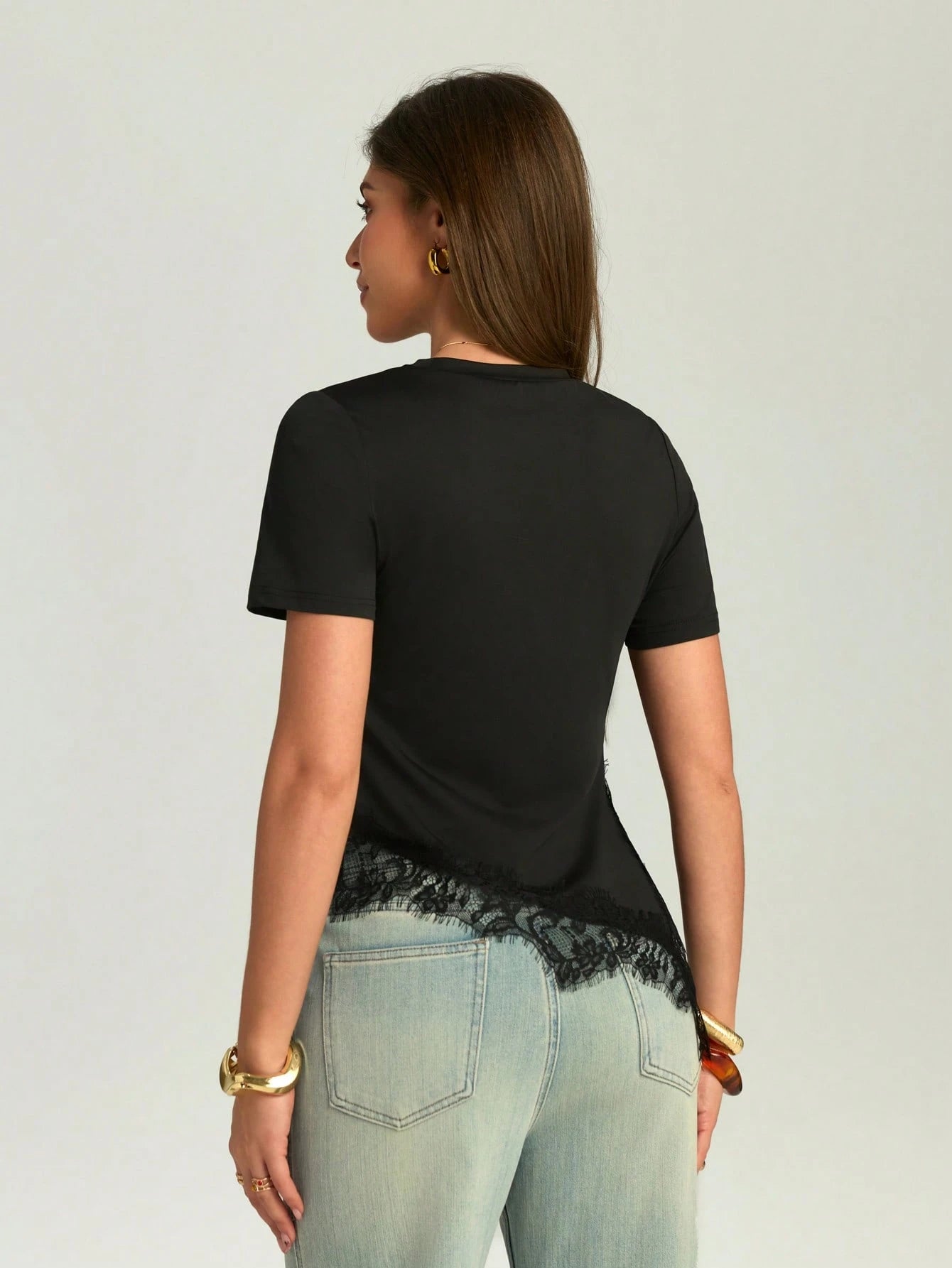 Firerie Women's Elegant Sexy Black Fitted T-Shirt Night Out Date Night Going Out Casual Summer Short Sleeve Blouses Waist Cinching Asymmetric Hem Lace Trim