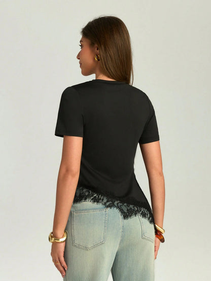 Firerie Women's Elegant Sexy Black Fitted T-Shirt Night Out Date Night Going Out Casual Summer Short Sleeve Blouses Waist Cinching Asymmetric Hem Lace Trim