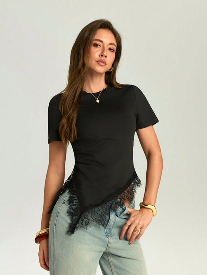 Firerie Women's Elegant Sexy Black Fitted T-Shirt Night Out Date Night Going Out Casual Summer Short Sleeve Blouses Waist Cinching Asymmetric Hem Lace Trim