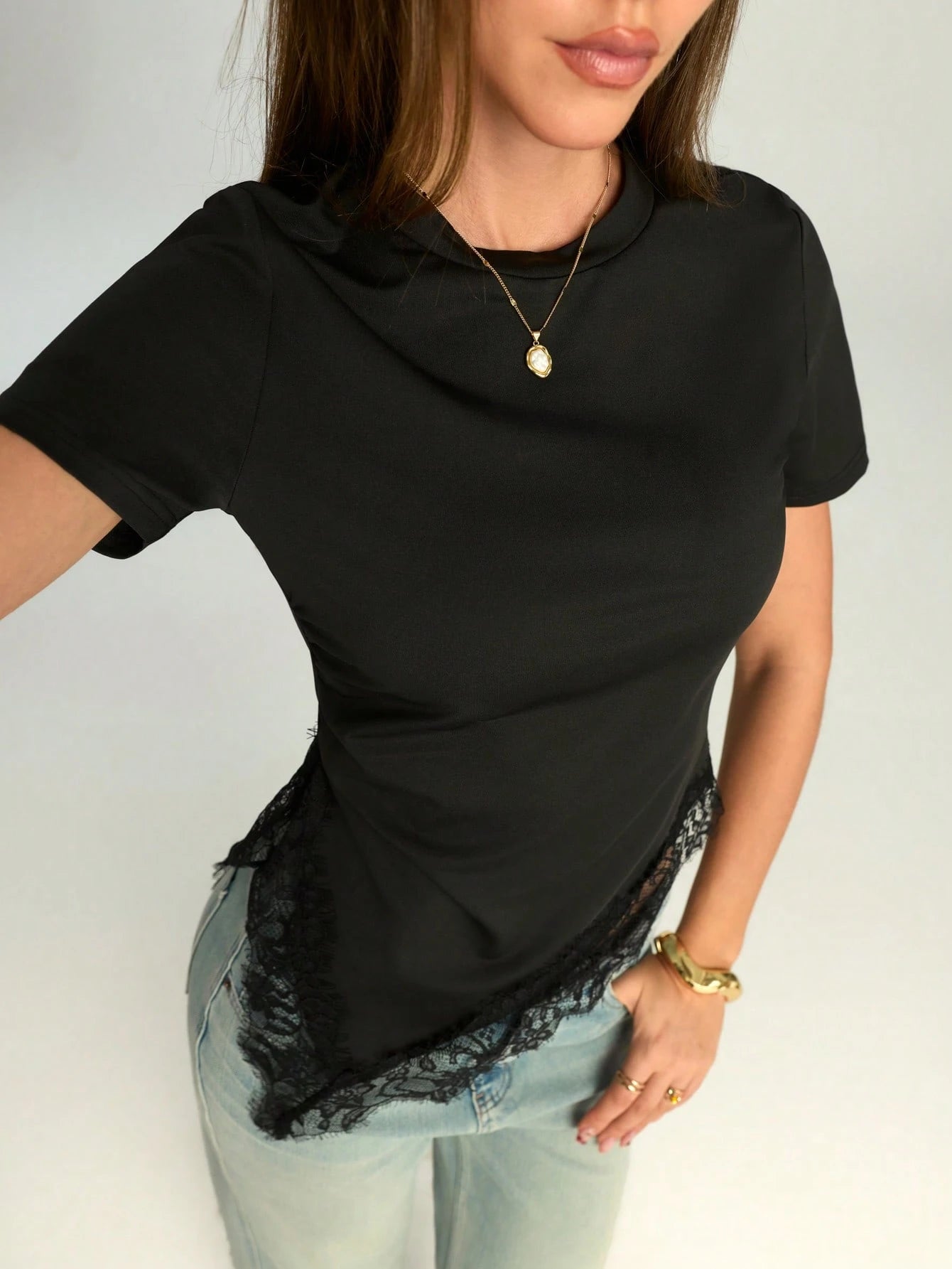 Firerie Women's Elegant Sexy Black Fitted T-Shirt Night Out Date Night Going Out Casual Summer Short Sleeve Blouses Waist Cinching Asymmetric Hem Lace Trim