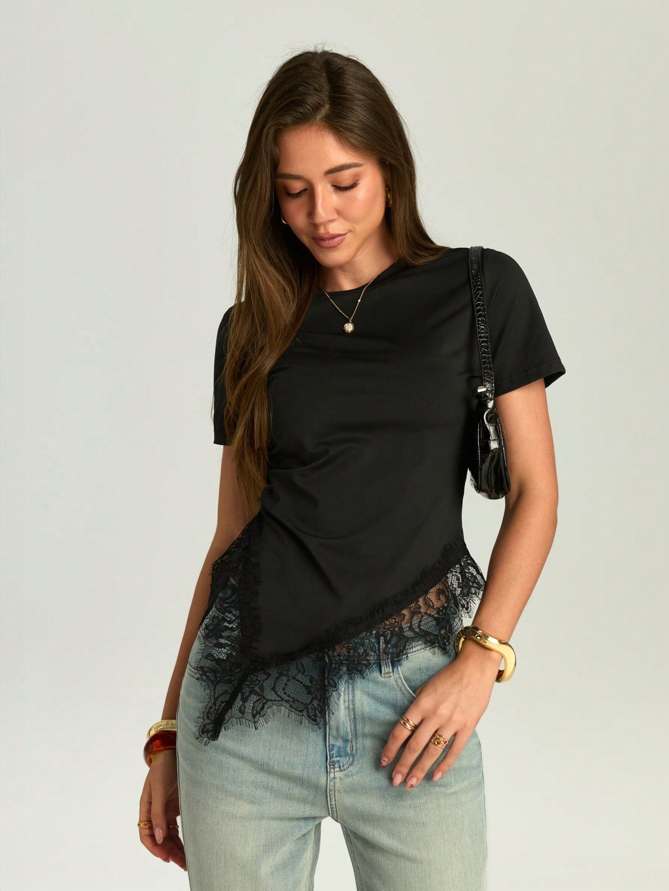 Firerie Women's Elegant Sexy Black Fitted T-Shirt Night Out Date Night Going Out Casual Summer Short Sleeve Blouses Waist Cinching Asymmetric Hem Lace Trim