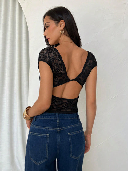 Firerie Women's Elegant Summer Black Floral Lace Patchwork Short T-Shirt,Minimalist Y2k Night Out Body Tops,Casual Clubbing Nightclub Party Tops For Ladies