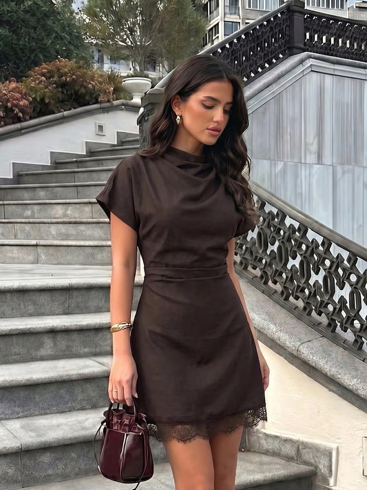 Firerie Women Shades Of Brown Pleated Lace Trim Mini Dress Business Casual Elegant Resort Style Autumn Festival Party Teacher Office Elegance,Graduation Dress