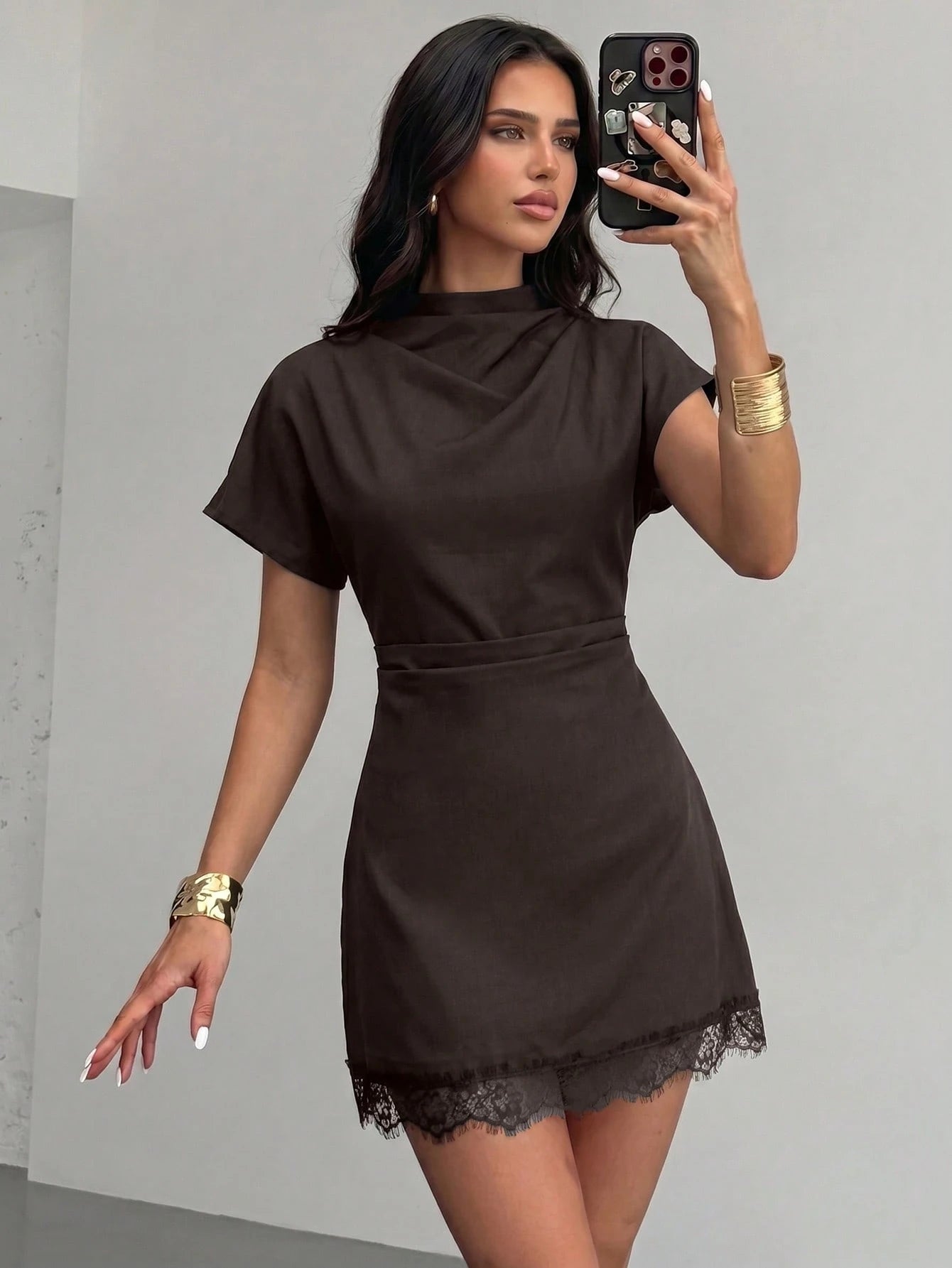 Firerie Women Shades Of Brown Pleated Lace Trim Mini Dress Business Casual Elegant Resort Style Autumn Festival Party Teacher Office Elegance,Graduation Dress