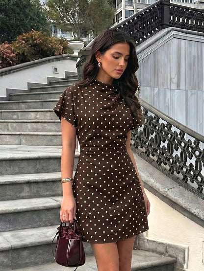 Firerie Women Shades Of Brown Pleated Lace Trim Mini Dress Business Casual Elegant Resort Style Autumn Festival Party Teacher Office Elegance,Graduation Dress