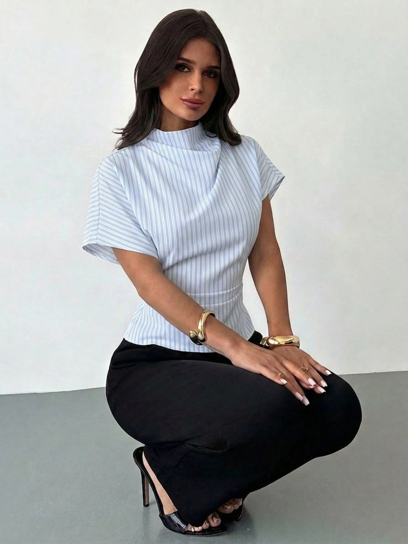 Firerie Wrinkled Collar Asymmetrical Sleeve Side Ruched Cinched Waist Commuter Apricot Bamboo Fiber Linen Blouse For Women, All Season